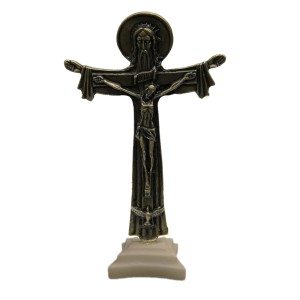 CU830042 - Crucifixo de Mesa Metal Ouro Velho Santíssima Trindade - 12,5x7,5cm