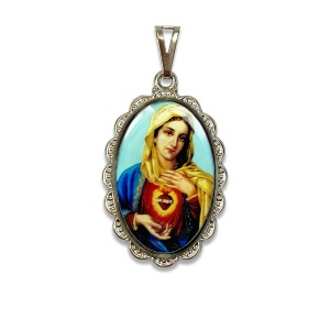 MD128091 - Medalha Sagrado Coração de Maria Rendada Níquel - 4,1x2,6cm