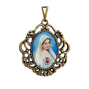 MD129200 - Medalha Imaculado Coração de Maria Camafeu Ouro Velho - 4,5x4cm