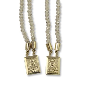 ES350322 - Escapulário N. Sra. Do Carmo e Sagrado Coração de Jesus Cristal Bege - 70x1,4cm