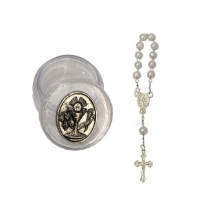 DZ112105 - Caixinha de Acrílico Primeira Eucaristia Níquel Envelhecido c/ Dezena - 3,7x1,7cm