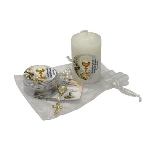 KT112090 - Kit Primeira Eucaristia c/ Caixinha de Acrílico, Dezena, Cartão e Vela