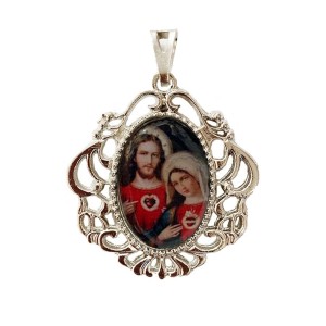 MD129580 - Medalha Sagrado Coração de Jesus e Maria Camafeu Níquel - 5,5x4,2cm