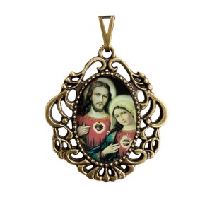 MD129685 - Medalha Sagrado Coração de Jesus e Maria Camafeu Ouro Velho - 5,5x4,2cm