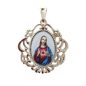 MD129454 - Medalha Sagrado Coração De Jesus Camafeu Níquel - 4,5x4cm