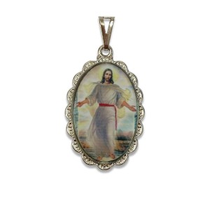 MD128680 - Medalha Jesus Ressuscitado Rendada Níquel - 4,3x2,7cm