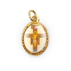 MD103277P10 - Medalha de Alumínio Cruz de São Damião Oval Dourada c/ 10un. - 2X1,3cm